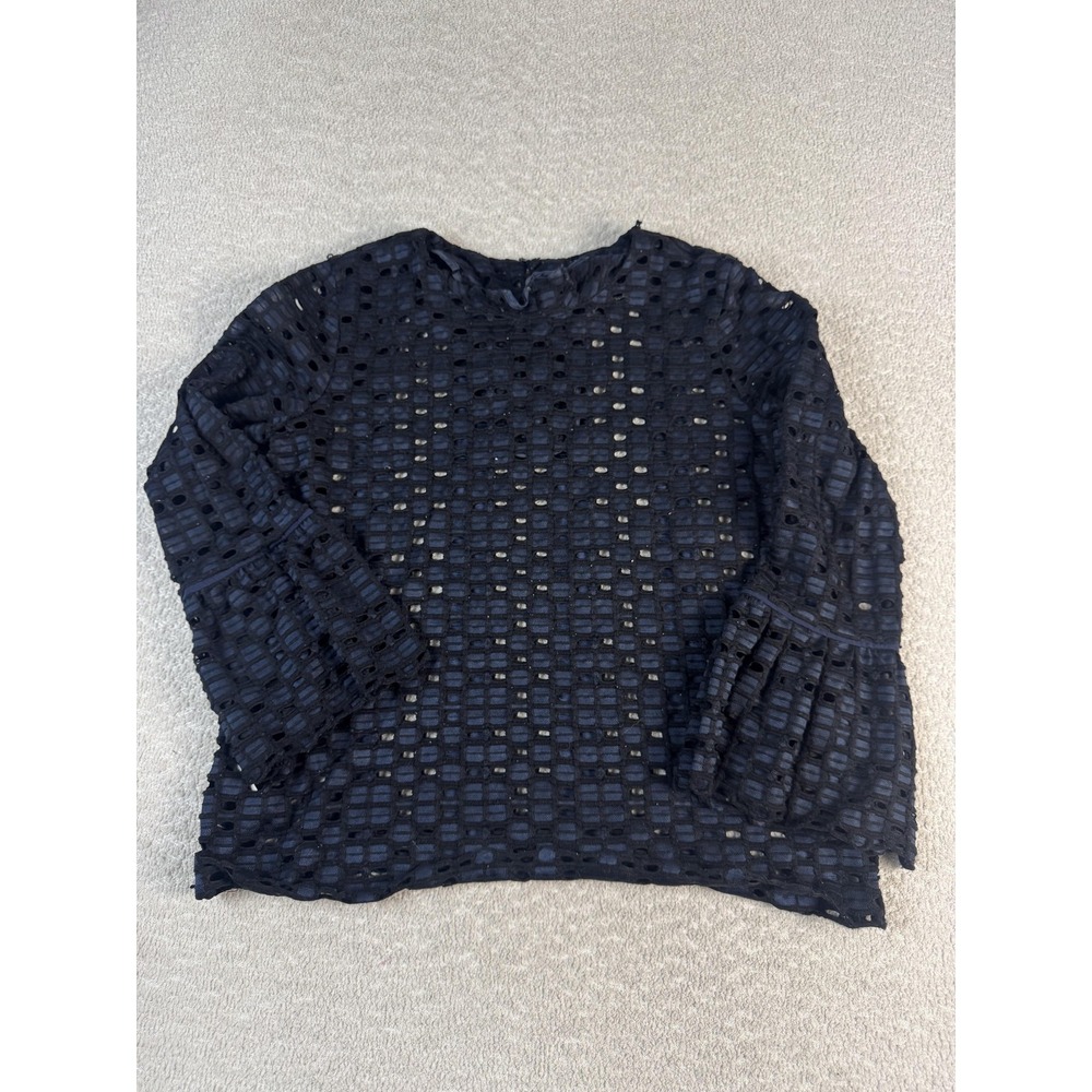 Ann Taylor Blouse Womens Large Navy Blue Sheer Mesh Cutout Tiered Ruffle Sleeve